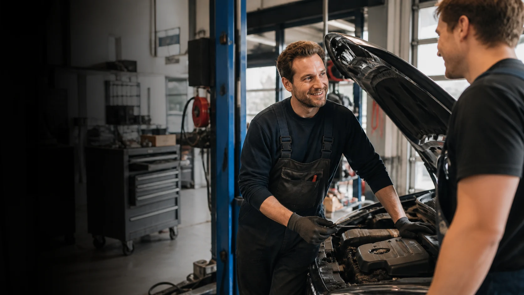 Automotive ondernemers werken samen aan een auto in hun garage
