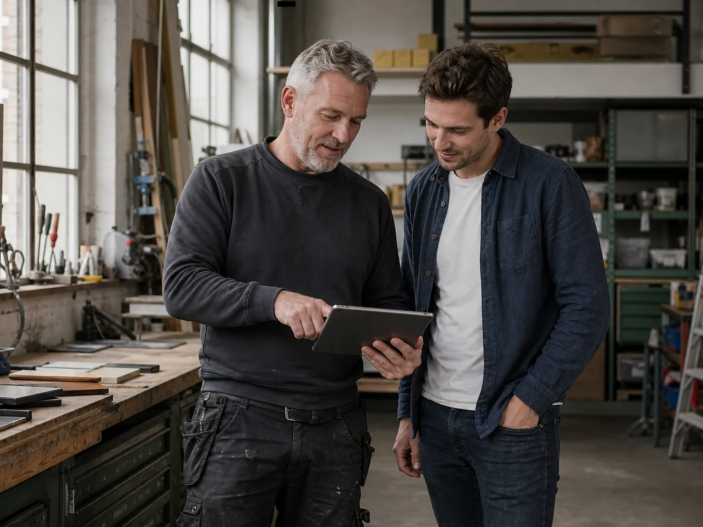 Een MKB-ondernemer bekijkt samen met zijn digitale partner de voortgang
